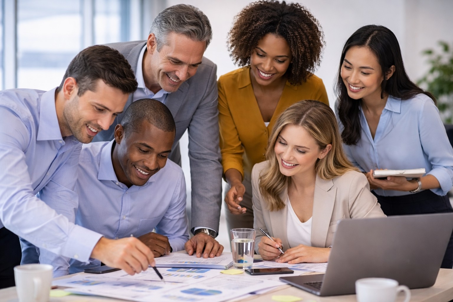 Diverse professionals collaborating around a laptop with documents